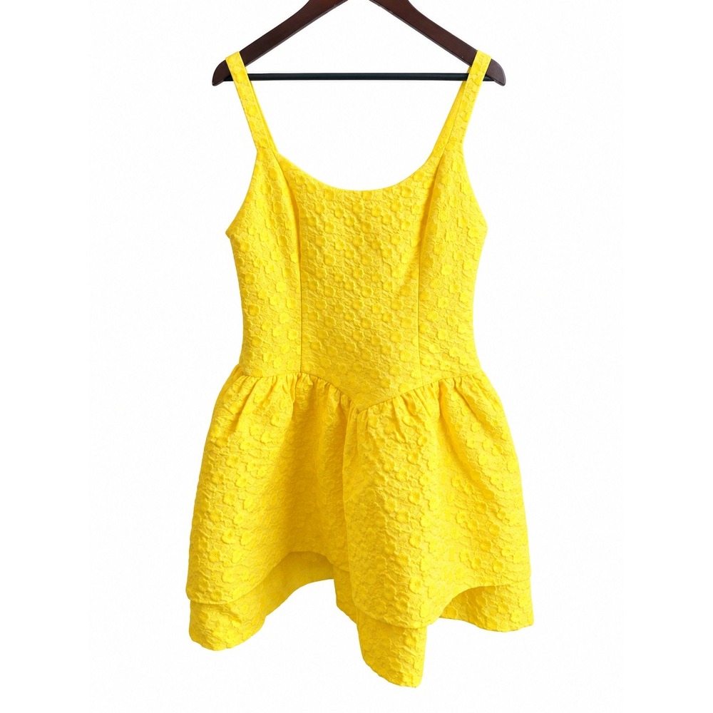 B.RIGHT Floral Textured Mini Dress Womens L Yellow New Tiered Bubble Hem Scoop